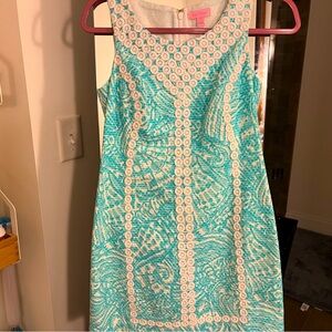 Lily Pulitzer Teal and white dress with eyelet detailing size 2 thick straps